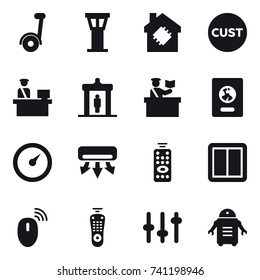 16 vector icon set : segway, airport tower, smart house, detector, inspector, passport, barometer, air conditioning, remote control, power switch