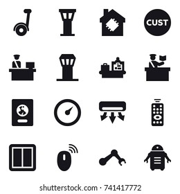 16 vector icon set : segway, airport tower, smart house, baggage checking, inspector, passport, barometer, air conditioning, remote control, power switch