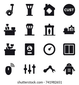 16 vector icon set : segway, airport tower, smart house, detector, baggage checking, inspector, passport, barometer, power switch
