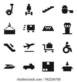16 vector icon set : segway, hoverboard, stairs, taxi, airport tower, escalator, departure, baggage trolley, invalid, yacht, pickup, package