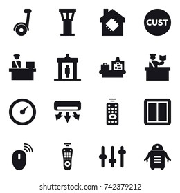 16 vector icon set : segway, airport tower, smart house, detector, baggage checking, inspector, barometer, air conditioning, remote control, power switch