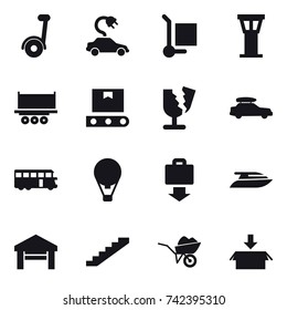 16 vector icon set : segway, electric car, cargo stoller, airport tower, car baggage, bus, air ballon, baggage get, yacht, garage, stairs, wheelbarrow, package