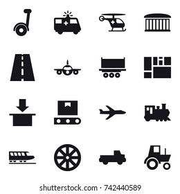 16 vector icon set : segway, airport building, plane, train, wheel, pickup, tractor