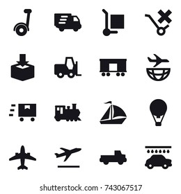 16 vector icon set : segway, delivery, cargo stoller, train, sail boat, air ballon, airplane, departure, pickup, car wash