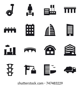 16 vector icon set : segway, hoverboard, store, bridge, building, skyscraper, city, house, hotel, trash truck