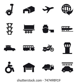 16 vector icon set : segway, warehouse, train, car baggage, bus, motorcycle, airport tower, invalid, garage, trash truck, car wash