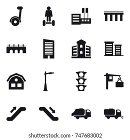 16 vector icon set : segway, hoverboard, store, bridge, skyscraper, building, district, house, outdoor light, escalator, trash truck, sweeper