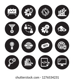 16 vector icon set : seo Monitoring, Script, Search, Search engine, Secu network, Screen, Funnel, SEO Badge, Seo Configuration isolated on black background