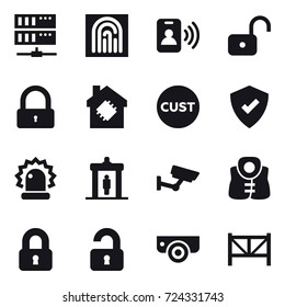 16 vector icon set : server, fingerprint, pass card, unlock, lock, smart house, detector, surveillance, life vest, locked, unlocked, surveillance camera, farm fence