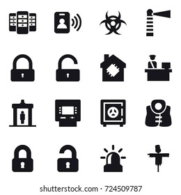 16 vector icon set : server, pass card, lighthouse, lock, unlock, smart house, detector, atm, safe, life vest, locked, unlocked, alarm, scarecrow