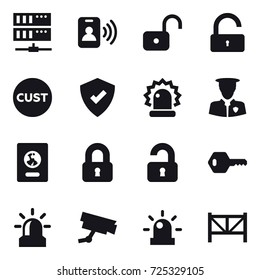 16 vector icon set : server, pass card, unlock, passport, locked, unlocked, key, alarm, farm fence