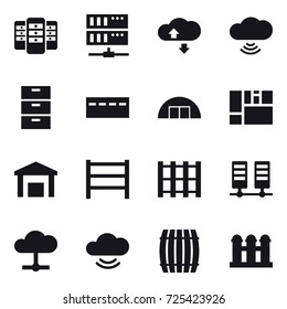 16 vector icon set : server, cloud service, cloud wireless, bunker, hangar, barrel, grain elevator