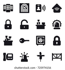 16 vector icon set : server, fingerprint, pass card, wireless home, lock, unlock, inspector, key, safe, locked, intercome, alarm, scarecrow, farm fence