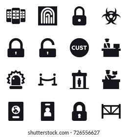 16 vector icon set : server, fingerprint, lock, unlock, vip fence, detector, inspector, passport, identity card, locked, farm fence