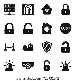 16 vector icon set : server, fingerprint, wireless home, lock, unlock, smart house, vip fence, baggage checking, shield, unlocked, alarm, surveillance camera