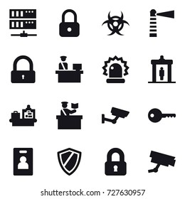 16 vector icon set : server, lock, lighthouse, detector, baggage checking, inspector, surveillance, key, identity card, shield, locked