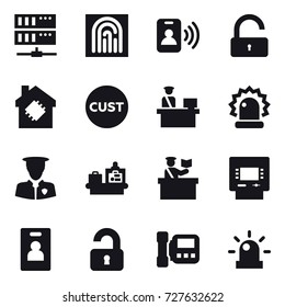16 vector icon set : server, fingerprint, pass card, unlock, smart house, baggage checking, inspector, atm, identity card, unlocked, intercome
