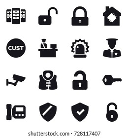 16 vector icon set : server, unlock, lock, smart house, surveillance, life vest, unlocked, key, intercome