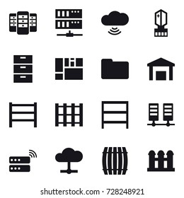 16 vector icon set : server, cloud wireless, crystall  memory, rack, barrel, grain elevator