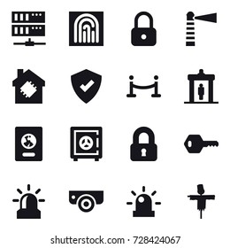 16 vector icon set : server, fingerprint, lock, lighthouse, smart house, vip fence, detector, passport, safe, locked, key, alarm, surveillance camera, scarecrow