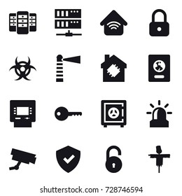 16 vector icon set : server, wireless home, lock, lighthouse, smart house, passport, atm, key, safe, alarm, scarecrow