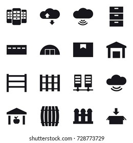 16 vector icon set : server, cloude service, cloud wireless, bunker, hangare, warehouse, barrel, grain elevator, package