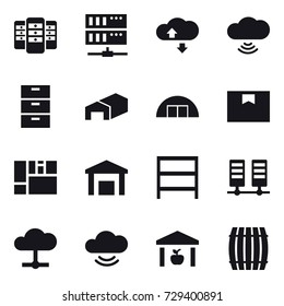 16 vector icon set : server, cloude service, cloud wireless, warehouse, hangare, rack, barrel