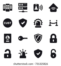 16 vector icon set : server, pass card, wireless home, vip fence, passport, key, shield, locked, unlocked, alarm