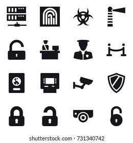 16 vector icon set : server, fingerprint, lighthouse, unlock, vip fence, passport, atm, surveillance, shield, locked, unlocked, surveillance camera