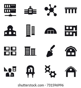 16 vector icon set : server, bridge, mansion, skyscrapers, hangare, modular house, panel house, district, construction, house, architector, barn