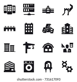 16 vector icon set : server, greate wall, bridge, building, modern architecture, district, tower crane, house, architector, washing machine