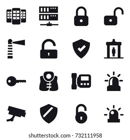 16 vector icon set : server, lock, unlock, lighthouse, detector, key, life vest, intercome, alarm