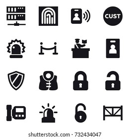 16 vector icon set : server, fingerprint, pass card, vip fence, inspector, identity card, shield, life vest, locked, unlocked, intercome, alarm, farm fence