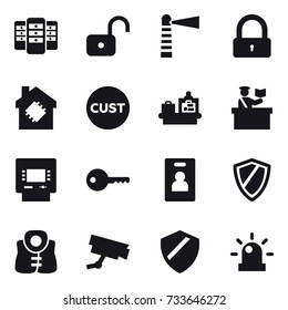 16 vector icon set : server, unlock, lighthouse, lock, smart house, baggage checking, inspector, atm, key, identity card, shield, life vest