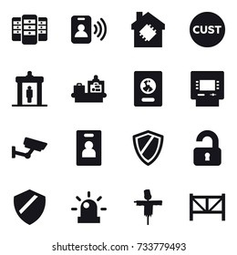 16 vector icon set : server, pass card, smart house, detector, baggage checking, passport, atm, surveillance, identity card, shield, unlocked, scarecrow, farm fence