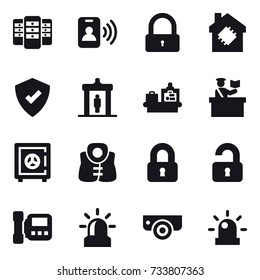 16 vector icon set : server, pass card, lock, smart house, detector, baggage checking, inspector, safe, life vest, locked, unlocked, intercome, alarm, surveillance camera
