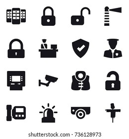 16 vector icon set : server, lock, unlock, lighthouse, atm, surveillance, life vest, unlocked, intercome, alarm, surveillance camera, scarecrow