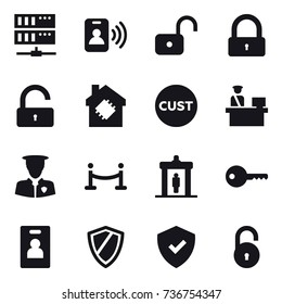 16 vector icon set : server, pass card, unlock, lock, smart house, vip fence, detector, key, identity card, shield
