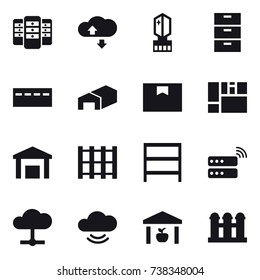 16 vector icon set : server, cloude service, crystall  memory, bunker, warehouse, rack, grain elevator
