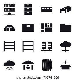 16 vector icon set : server, bunker, warehouse, hangare, rack, barrel, package