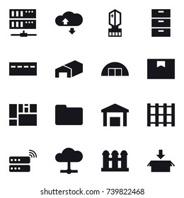 16 vector icon set : server, cloude service, crystall  memory, bunker, warehouse, hangare, grain elevator, package