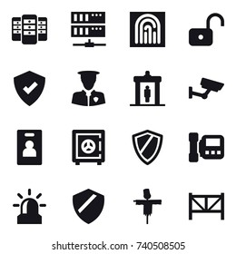 16 vector icon set : server, fingerprint, unlock, detector, surveillance, identity card, safe, shield, intercome, alarm, scarecrow, farm fence