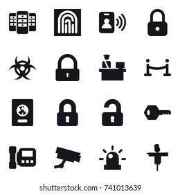 16 vector icon set : server, fingerprint, pass card, lock, vip fence, passport, locked, unlocked, key, intercome, scarecrow