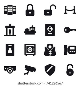 16 vector icon set : server, lock, unlock, vip fence, detector, baggage checking, passport, key, identity card, safe, life vest, intercome, surveillance camera