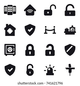 16 vector icon set : server, wireless home, unlock, smart house, vip fence, baggage checking, safe, locked, unlocked, scarecrow
