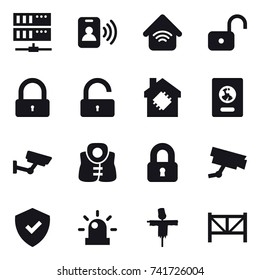 16 vector icon set : server, pass card, wireless home, unlock, lock, smart house, passport, surveillance, life vest, locked, scarecrow, farm fence