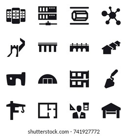 16 vector icon set : server, nanotube, greate wall, bridge, houses, slum, hangare, modular house, construction, tower crane, plan, architector, garage