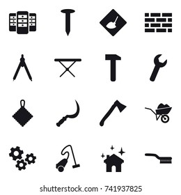 16 vector icon set : server, nail, under construction, brick wall, drawing compass, iron board, rag, sickle, axe, wheelbarrow, gears, vacuum cleaner, house cleaning, brush
