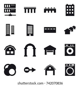 16 vector icon set : server, bridge, building, skyscrapers, skyscraper, bunker, houses, house, arch, garage, washing machine, barn
