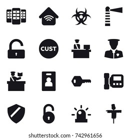 16 vector icon set : server, wireless home, lighthouse, unlock, inspector, identity card, key, intercome, scarecrow